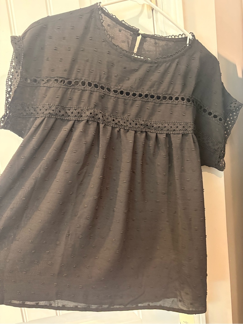 SHEIN Black Swiss Dot Lace-Trim Top